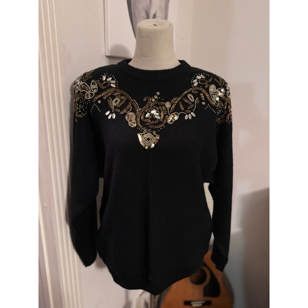 Alfred Dunner Womens Black Embellished Beaded Sequin Knit Sweater Medium Vintage